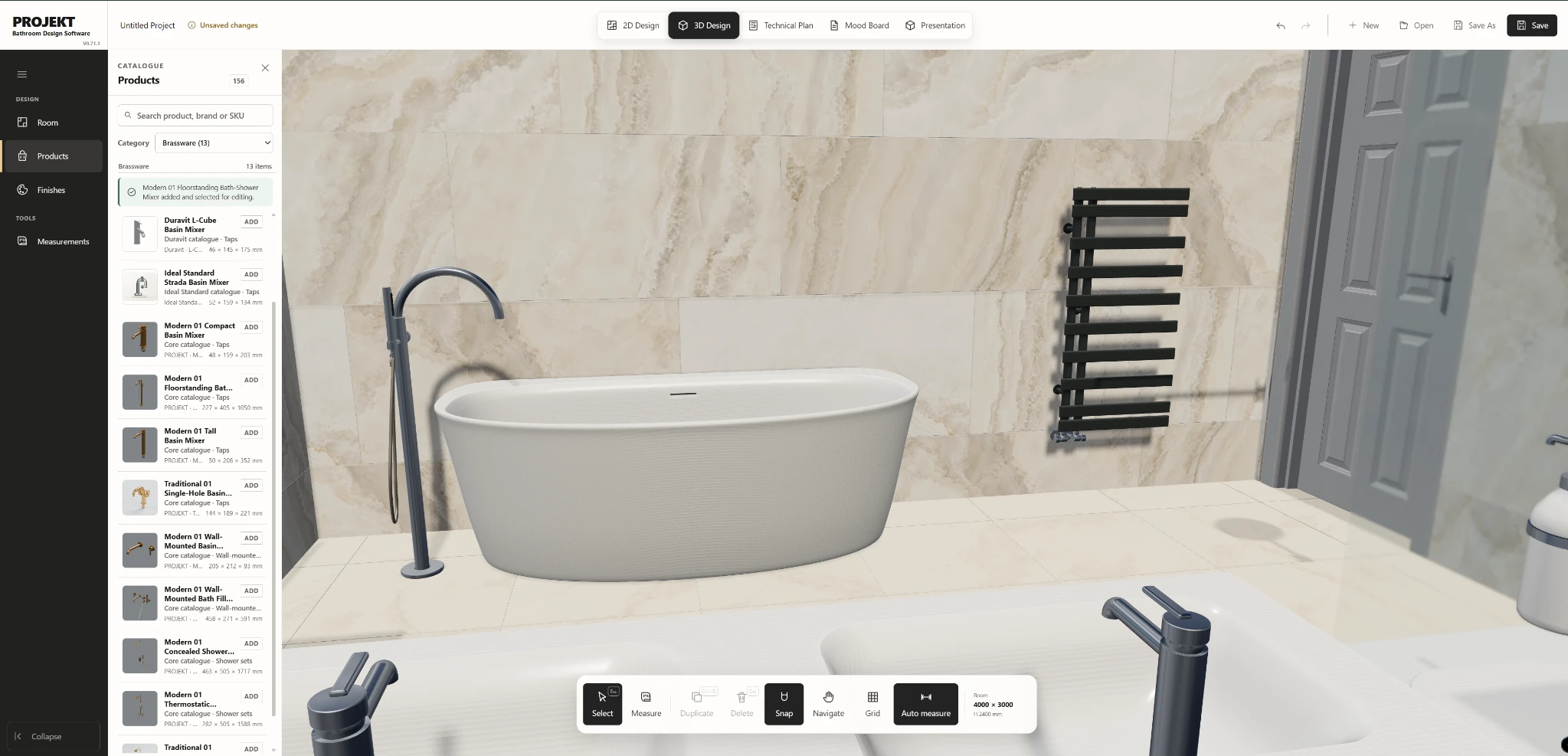 PROJEKT 3D Design workspace showing a freestanding bath, floorstanding tap, tiled walls and the product catalogue