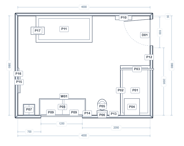 Technical plan of a 4000 by 3000 mm bathroom, with dimensions, door swing and product references